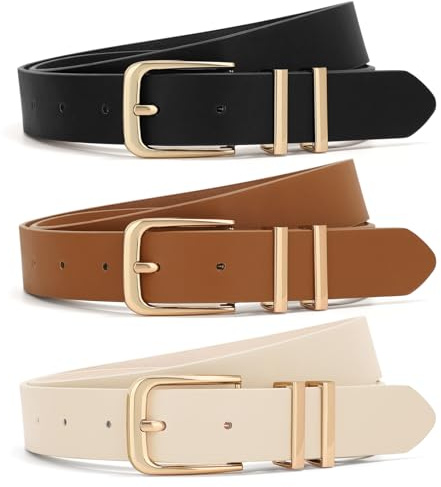 XZQTIVE 3 Pack Women Belts For Jeans Dresses Pants Ladies Leather Waist Belt with Gold Buckle