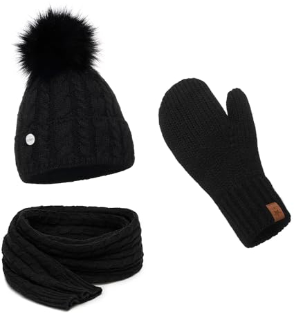ELIMELI® Damen Winter Mütze warme Strickmütze Wintermütze mit Bommel Slouch Strick Beanie Damen für Winter Bommelmütze Hergestellt in EU Farbenauswahl 15568 (Schwarz - Mütze Schal Handschuhe)