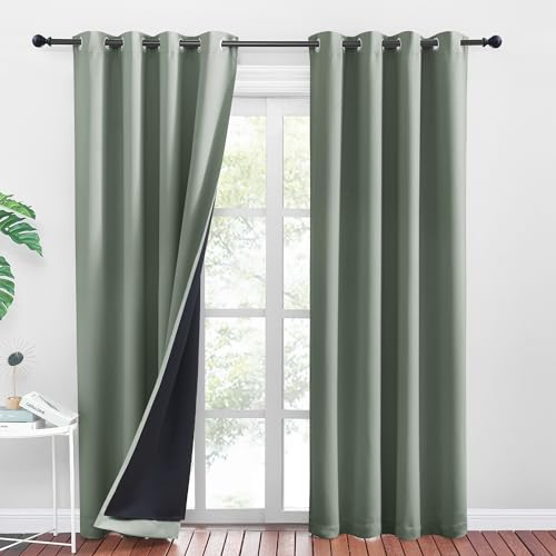 PONY DANCE Blickdichte Vorhänge Salbeigrün Thermo Vorhänge gegen Hitze Ösenschal 2er Set H 240 x B 140 cm Verdunkelnde Gardinen mit Ösen Doppellagiger Verdunkelungsvorhang Blackout Curtains