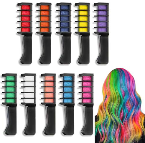 10 Stück Haarkreide Kamm, Temporäre Haarfarbe Kamm ungiftig Haarkreide für Mädchen Haarkreide Glitzer Tattoos Set für Karneval, Cosplay,Party, Weihnachten Halloween