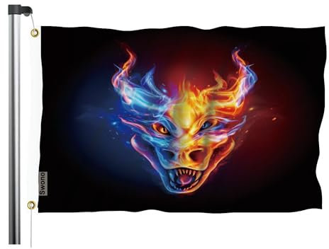 Swono Blau-rote Drachen-Flagge, 90 x 150 cm, Feuerkunst, Drachenkopf, funkelnde Flagge, doppelseitig, doppelt genäht, mit Messingösen