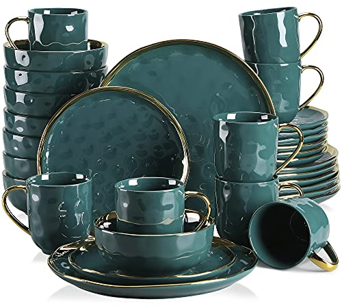 LOVECASA Serie Apollo Vajillas Elegantes con Borde Dorado para 8 Personas de Gres, Set de 32 Piezas con Cuencos 740 ml, Tazas 400 ml, Platos de Postre 21,3 cm y Platos de Cena 27,5 cm, Verde Oscuro