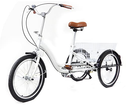 20 Zoll Dreirad für Erwachsene, 1 Gang 3 Räder Senioren Fahrrad mit Korb, Hoher Kohlenstoffstahl Dreirädriges Cruiser-Fahrrad für Erholung, Einkaufen, Picknicks
