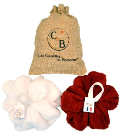 Lot de 2 fleurs de douche éponge de bain éponge pour le corps extra douce bambou durable (Blanc Rouge)
