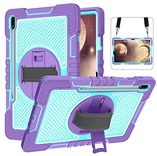 YOUULAR Tablet Case for Samsung Galaxy Tab S7+ S8+ S7 FE SM-T735 12.4 inches, Tablet Shockproof Cover with 360° Rotating Stand and Wrist Strap, Shoulder Strap Purple+Mint Green