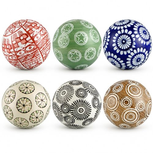 Lejoy Decorative Porcelain Balls, 3.2 Centerpiece Balls Set, Floating Ceramic Orbs Spheres for Bowl, Vase, Basket, Dish, Fish Tank, Home Decor, Pack of 6 (Assorted Geometric)
