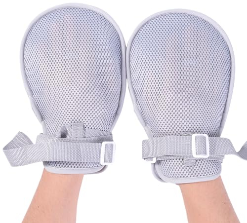 HEINALOUS Demenz-Handfessel-Handschuhe mit festem Band, Sicherheit, atmungsaktiv, kratzfest, doppelte Sicherheitshandschuhe, für Demenz-Patienten, ältere Menschen, Pflegekräfte, Unisex, 2 Stück, Grau