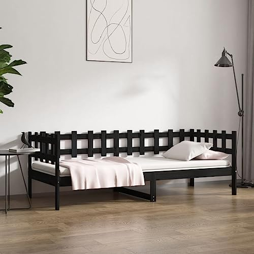 ULUYYUC Tagesbett, Gästebett Familienbett Palettenbett Jugendbett Geeignet für Zimmer Mieten Wohnzimmer Wohnbereich Arbeitszimmer Schwarz 90x200 cm Massivholz Kiefer