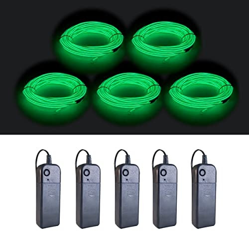 MaxLax EL-Draht, Grün, 5 Stück, 2,75 m, Neon-Lichtdraht, Rauschunterdrückung mit Akku-Pack