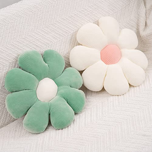 FSRONGXI 2Pcs Blume Kissen, Daisy BlumeKissen Kissen Grün Bodenkissen für Schlafzimmer, Sofa, Stuhl, Dekoration(Grün und Weiß, 38 x 38 cm)