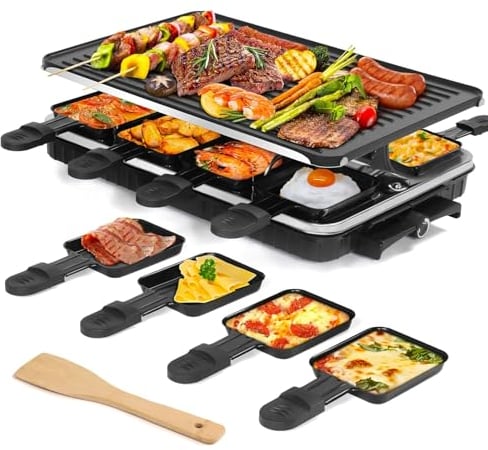 Raclette Grill Tischgrill Indoor Grill Koreanischer BBQ Grill 2 in 1 Elektrische Grillplatte Antihaft mit 8 Raclette Pfännchen und Holzspatel Ideal für Familie und Party Spaß 1300W