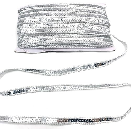 DHER 25 Meter Langes Pailletten-Dekorband, 12 mm Glitzer Paillettenband, Paillette Trim Bänder, Bordüre Stoff Paillettenbesatz, Glitzerndes Band (Silber)