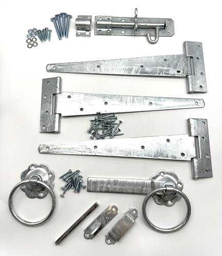 Hot Dipped Galvanised Heavy Duty Garden Gate Hinge Pack. 3X 12 Tee Hinges, Ring Latch, Padbolt & All Fixings. Hanging Kit for Garden Gates and Doors. Corrosion and Weather Resistant Hinge Set.