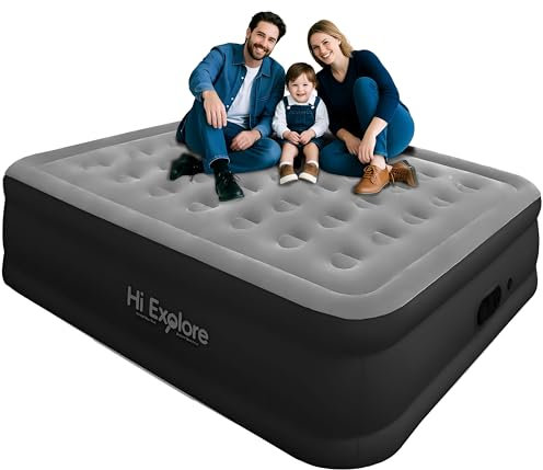 Hi Explore Air Mattress Queen with Built in Pump Raised, with Comfort Plush, Portable Airbed for Home, Guests, Camping,(Grey, 22” Height)
