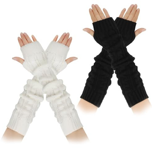 HTTDSLF 2 Pairs Arm Warmers, Long Fingerless Hand Warmers for Women, Autumn Winter Long Knitted Arm Covers, with Thumb Hole for Ladies Girls