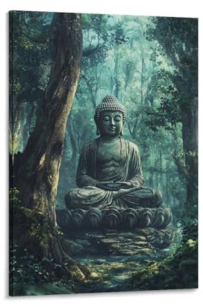 XJmoney Buddha-Statue in einem Wald, 3D-Wandkunst für Wohnzimmer, Küche, Heimdekoration, 40 x 60 cm, Wandbild auf Leinwand für Schlafzimmer