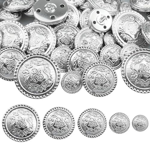 KiKiHong 50 Stück Knöpfe Silber,Knöpfe aus Metall,5 Größen,15 mm,18 mm,23 mm,25 mm,30 mm, Metallknöpfe zum Dekorieren von Anzügen,Jacken,Mänteln
