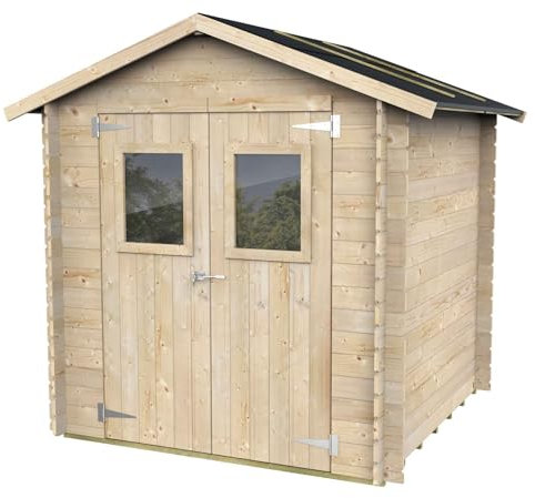 Gartenhaus Bh19 Hobby 198x198 aus unbehandeltem Fichtenholz 19 mm mit Doppeltür und Fenster, OSB3-Dach und -Boden, einfacher Aufbau, Autoklavbehandlung, PEFC-Zertifiziert