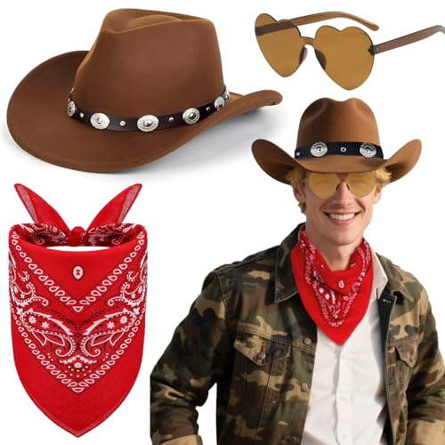 Kyndara 3Pcs Western Cowboy Hat Set, Unisex Cowboy Fancy Dress Kit with Wide Brim Hat Paisley Bandanna Heart Shape Sunglasses for Adult Masquerade Halloween Parties