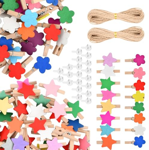 Luxvara 100 Pezzi Mollette in Legno Mini Colorate a Forma di Stelle e Fiori con Spago di Iuta Crampons e Mini Clip per Decorazioni di Matrimonio e Fotomurali