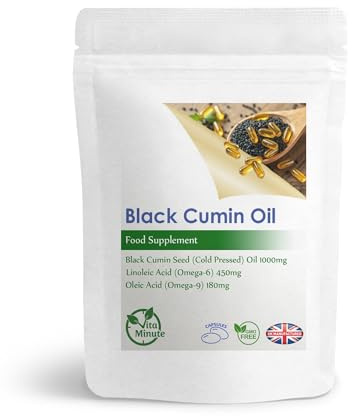 Black Cumin Seed Oil 1000mg, Cold Pressed Softgel Capsules, Skin, Hair, Immunity and Digestive Support (Pack of 180)