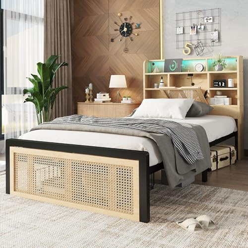 BTM Wooden Single Bed with Charging Port, LED Strip Light and PE Rattan Style Drawer, Single Bed Frame with Storage Headboard, MDF+Iron, 90x190cm, No Mattress
