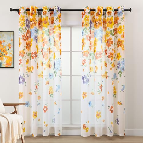 L.Z.E Gardine Orange Gelb für Erker Fenster, Vorhang Transparent mit Ösen Kurz, Durchsichtige Gardinen Vorhänge für Wohnzimmer Schlafzimmer Mädchenzimmer, 2er Set Bedruckt Blumen Muster, 175 cm Lang