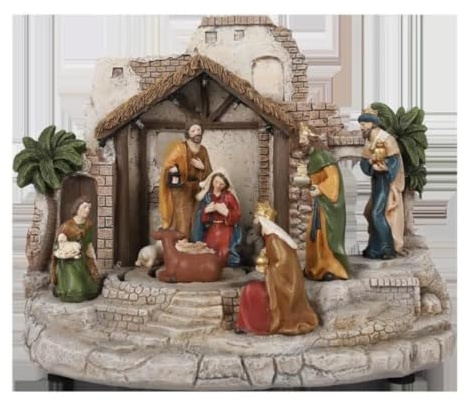 Generico Riesige Weihnachtskrippe Spieluhr 29 cm H mit Weihnachtsmusik sortiert LED-Lichter und Figuren Josef und Maria und drehende Tiere 65080/1
