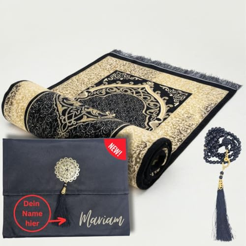 Luminoza Gebetsteppich mit Namen schwarz Islam Geschenkset mit Gebetskette und Tasche to go | Muslimische Ramadan | Dekoration Islam | Islamische Geschenke | Prayer mat Carpet (Schwarz_MitNamen)