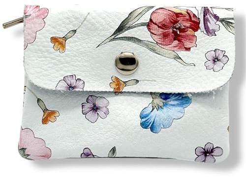 HELO Portamonete donna in vera pelle Made in Italy - Portafoglio piccolo 2 scomparti con cerniera (1, Bianco con Fiori)
