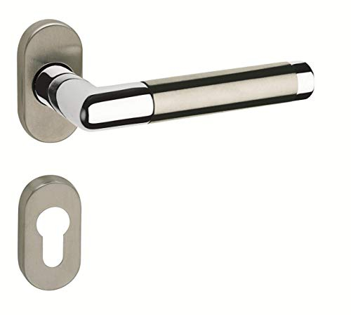JUVA Türgriff Zimmertür Türdrücker Türbeschlag Edelstahl L-Form auf Oval-Rosette - FI10006 | Drückergarnitur Oval PZ - Profilzylinder | 1 Türgarnitur mit Rosettenpaar inkl. Befestigungsmaterial