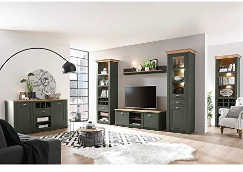 Landhaus TV Media Wohnwand & Sideboard Set, in grün mit Wotan Eiche, mit Beleuchtung, 2 Regalschränke, 1 Standvitrine, Lowboard, Wandregal und Anrichte