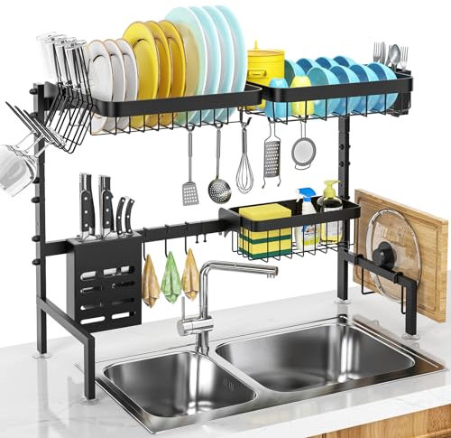 MERRYBOX Abtropfgestell für die Spüle, 2-stöckig, verstellbare Länge (65-85 cm), Edelstahl, Geschirrständer, Platzsparend