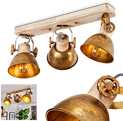 Deckenleuchte Orny, 3-flammiger Deckenstrahler aus Holz und Metall in bronzefarben, Industrial/Vintage Look Zimmerlampe, 3 x E27, die Leuchtenköpfe sind verstellbar,ohne Leuchtmittel