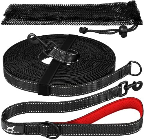 TUFFDOG Training Lead For Dogs - Reflective Heavy Duty Long Line Dog Lead with Detachable Padded Handle for a Short Dog Lead + Storage Bag for Recall & Tracking (10m, Black)
