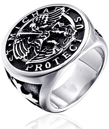 COPAUL 24mm Silber Große Vintage Religiöse Christian Saint Michael Besiegt Satan Figur Kreuz Erzengel Amulett Edelstahl Ring St.Michael Protect Us Ringe für Männer