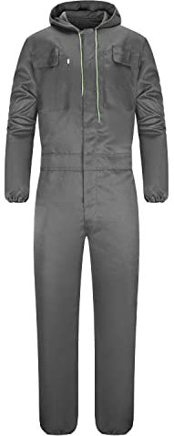 Yukirtiq Mens Hooded Overall Work Wear Dungarees Coverall Polycotton Boiler Suit Hard Wearing Mechanics Boilersuit, Grey, XL