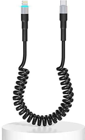 Coiled USB-C to Lightning Cable, Apple Carplay Compatible & MFi Certified, Car USB C Lightning Cable with Data Transmission and LED, iPhone Retractable USBC Charger for iPhone/Pad/Pod