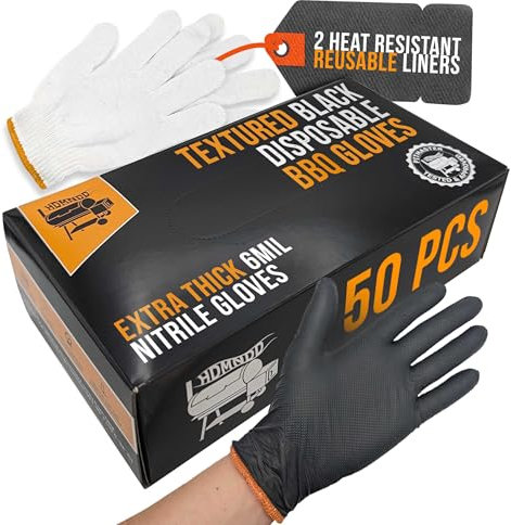 Kit de gants jetables noirs pour barbecue – 50 poignées texturées robustes et 2 doublures réutilisables résistantes à la chaleur pour tirer la viande (texture complète de la paume et des doigts,