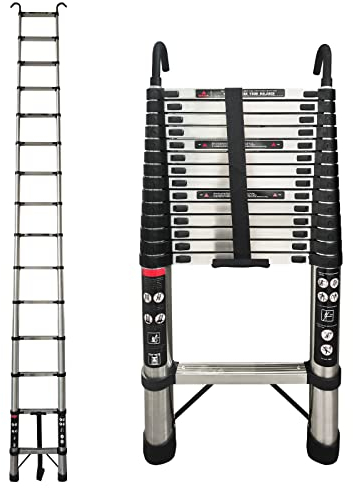 Edelstahl-Teleskopleiter 4,4M gerade Verlängerungsleiter mit 2 Haken, Gewicht 13.8kg tragbare Klappleiter, 150kg Maximallast einstellbare Höhe für Innen, Außen, Haus, Büro, Wohnmobil