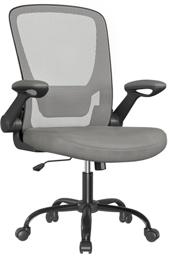 SONGMICS Bürostuhl ergonomisch, Drehstuhl mit Mesh, Lendenstütze, Wippfunktion, 53 cm große Sitzfläche, klappbare Armlehnen, Arbeits- und Schlafzimmer, Studenten, Taubengrau OBN037G01