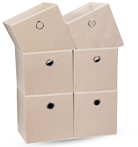 OVAKIA 6 Pack Fabric Storage Basket, 30x30x30cm Foldable Boxes with Handle Storage Organizer Cube for Cupboards Shelves Closet (Beige)