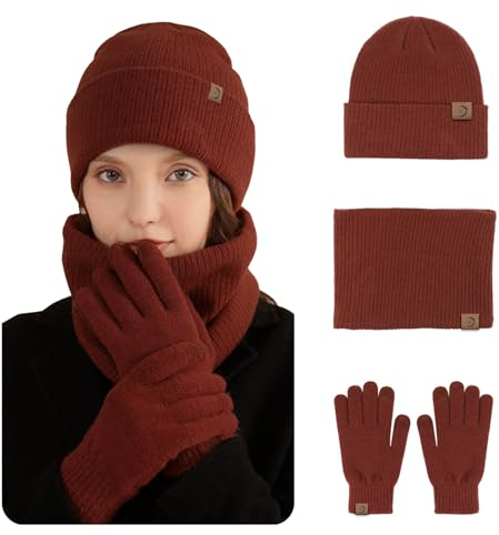 MARUKO Mütze Schal Handschuhe Damen Set Winter Warm Beanie Mütze Touchscreen Handschuhe und Schal Set mit Fleecefutter Wintermütze Winterschal Winterhandschuhe (Karamell)
