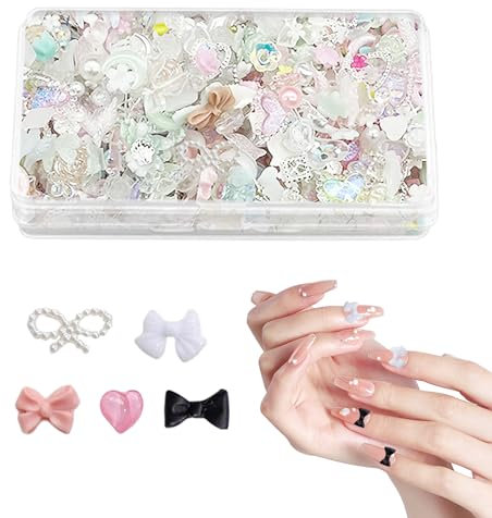 400 Pieces of Nail Decorations with 1 Storage Box, 3D Nail Art, Pearls, Butterflies, Bow Ties, Gemstones in Various Shapes, DIY Nail Accessories, Nail Craft Decorations