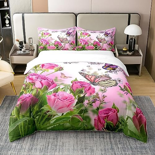 Homewish 100% Coton, Housse de Couette Fleurs de Rose 140x200, Ensemble de Literie Papillon pour Filles Femmes, Parure de Lit Fleurie Printanière, Housse Couette Blooming Rose Pastel, Colorée