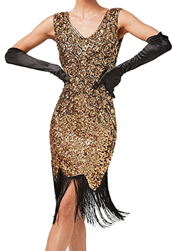 KBOPLEMQ 20er Jahre Kostüm Damen Charleston Kleid Flapper Kleid Gatsby Kleid 20er Jahre Accessoires, Vintage Mafia Kostüm Damen mit Pailletten Perlen Fransen Netzstrümpfe Gatsby Kostüm
