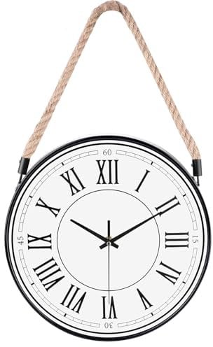 WOOPHEN Rope Hanging Wall Clock Battery Operated, Silent Non-Tick 12 Inch Roman Numerals Retro Rustic Country Luxury Art Vintage Lanyard Wall Clocks for Living Room/Kitchen/Bedroom/Office/Classroom