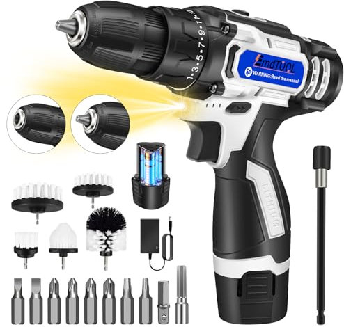 Trapano Avvitatore a Batteria 16.8V, Spazzole per Trapano, Max 45Nm, Impostazione Coppia 25+1, Luce LED, 2 Velocità, con 2 Batterie, Punta di foratura e 5 Teste di Spazzola, per Viti,Foratura,Pulizia