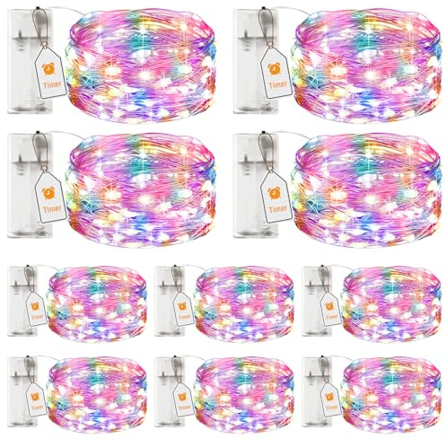 btfarm 10 Paquete Luces Led Pilas con Temporizador, 2M 20LED Cadena de Guirnalda Luces, Alambre Cobre Impermeable Luces de Hadas, Decoración de Interior Navidad Arbol Boda Habitacion, Multicolor