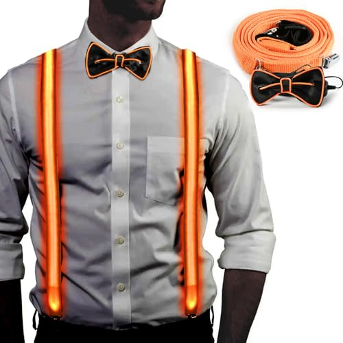 Mstnoixgc Leuchtende Hosenträger und Fliege, Orange LED Hosenträger, LED Fliege Herren, LED Party Accessoires, Geeignet für Musikfestivals, Halloween, Kostümpartys, Weihnachten, Barpartys